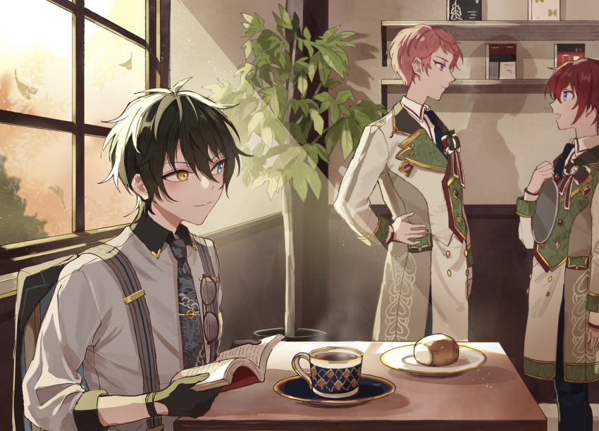 3boys aqua_eyes black_gloves book buttons closed_mouth collared_shirt commentary_request cup ensemble_stars! glasses gloves green_hair hair_between_eyes hand_on_own_hip heterochromia highres holding holding_book holding_tray indoors itsuki_shu kagehira_mika leaf long_sleeves male_focus multiple_boys necktie official_alternate_costume open_mouth pink_hair plant plate potted_plant redhead shelf shirt short_hair sitting sleeves_past_elbows standing suou_tsukasa suspenders table tray valkyrie_(ensemble_stars!) violet_eyes wednesday_108 yellow_eyes