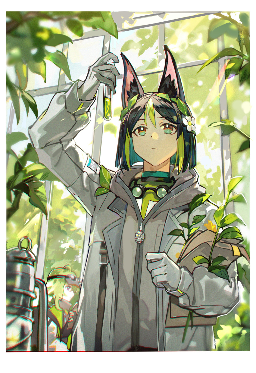 1boy 1girl absurdres animal_ear_fluff animal_ears black_hair blunt_ends bob_cut collei_(genshin_impact) collei_(kiehls')_(genshin_impact) fox_boy fox_ears genshin_impact gloves goggles goggles_around_neck green_eyes green_hair green_theme grey_hood grey_jacket hair_ornament highres jacket kiehl's leaf_hair_ornament light_green_hair long_sleeves looking_at_viewer male_focus mento multicolored_hair official_alternate_costume scientist short_hair streaked_hair tighnari_(genshin_impact) tighnari_(kiehls')_(genshin_impact) white_gloves