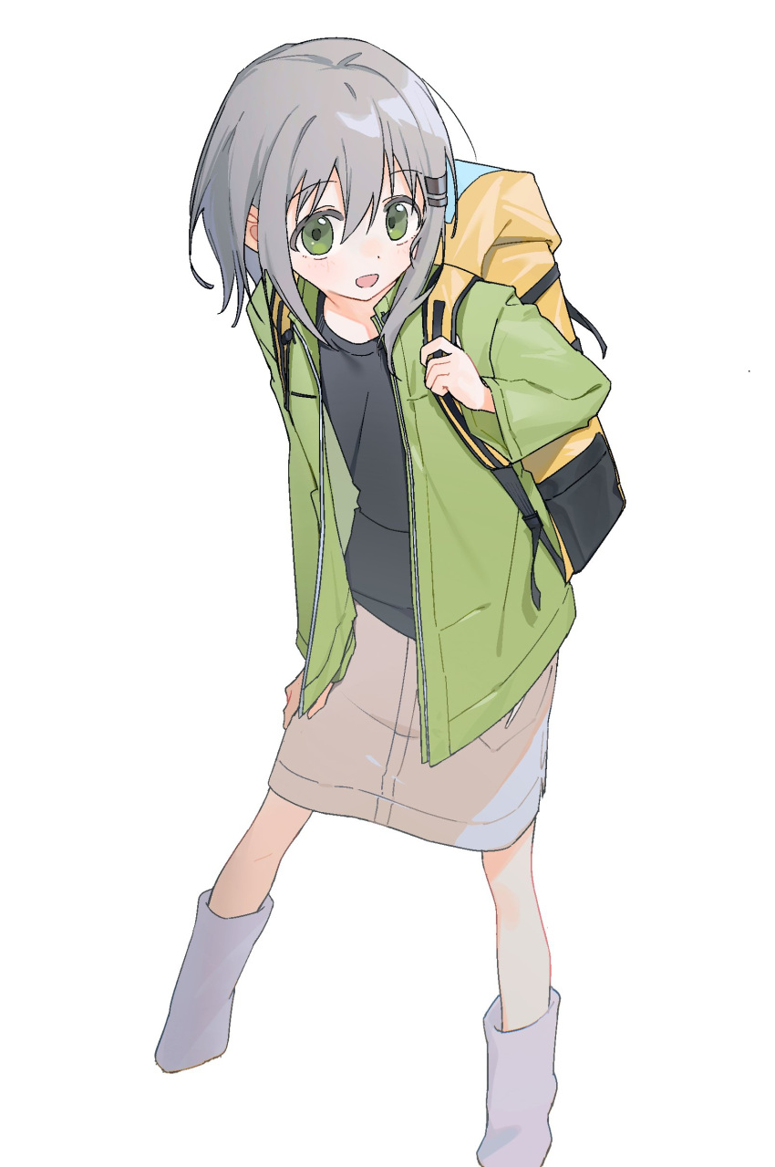 1girl absurdres backpack bag black_shirt cropped_legs green_eyes green_jacket grey_hair grey_skirt hair_ornament hairclip hand_on_own_thigh highres holding_strap jacket kurobeko_(kur0bek0) leaning_forward leg_warmers light_blush long_sleeves looking_at_viewer medium_hair open_clothes open_jacket open_mouth shirt sidelocks simple_background skirt smile solo white_background yama_no_susume yukimura_aoi