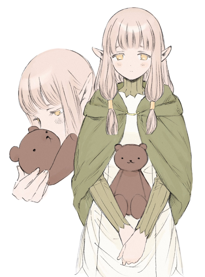 1girl arm_guards blonde_hair blunt_bangs blush cloak dungeon_meshi elf frs2 gorget green_cloak hair_tubes highres long_hair looking_at_viewer milsiril_(dungeon_meshi) multiple_views own_hands_together pointy_ears robe sidelocks simple_background stuffed_animal stuffed_toy teddy_bear uniform white_background white_robe yellow_eyes