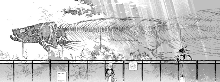 1other closed_mouth expressionless fence fish_skeleton greyscale hand_in_pocket highres holding holding_phone jacket kushiro_yuu long_sleeves medium_hair monochrome no_smoking open_clothes open_jacket original phone plant potted_plant solo terrarium very_wide_shot