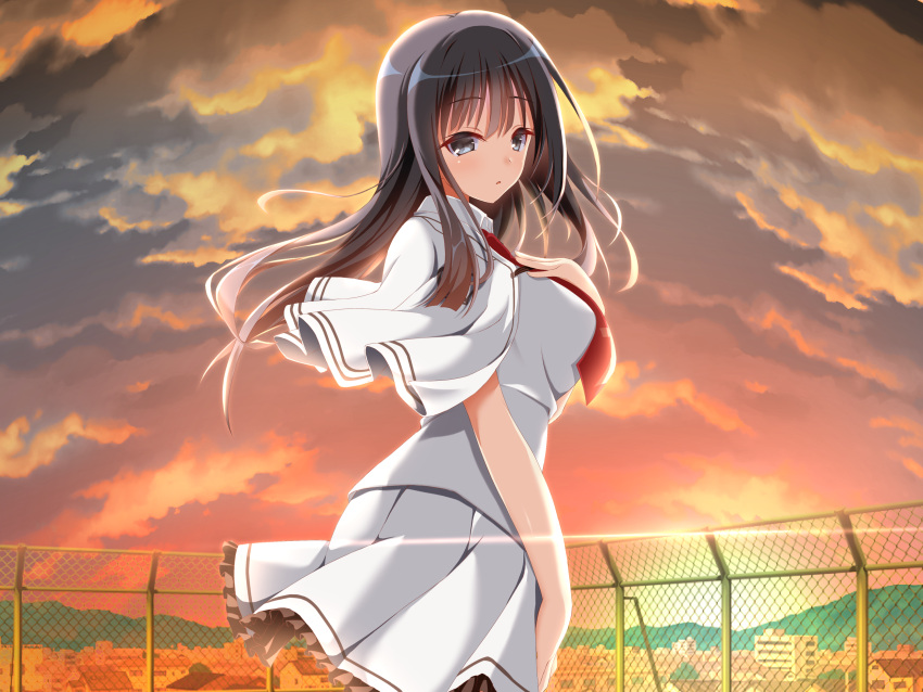 1girl absurdres arm_at_side backlighting black_hair blush breast_hold breasts capelet cityscape clouds commentary_request cowboy_shot cross_print expressionless eyelashes eyes_visible_through_hair fence frilled_skirt frills grey_eyes hair_between_eyes highres large_breasts long_hair looking_at_viewer miniskirt necktie orange_sky outdoors parted_lips pleated_skirt red_necktie ryochapu school_uniform sidelocks skirt sky solo standing straight_hair subarashiki_hibi sunset takashima_zakuro white_capelet white_skirt wind wind_lift