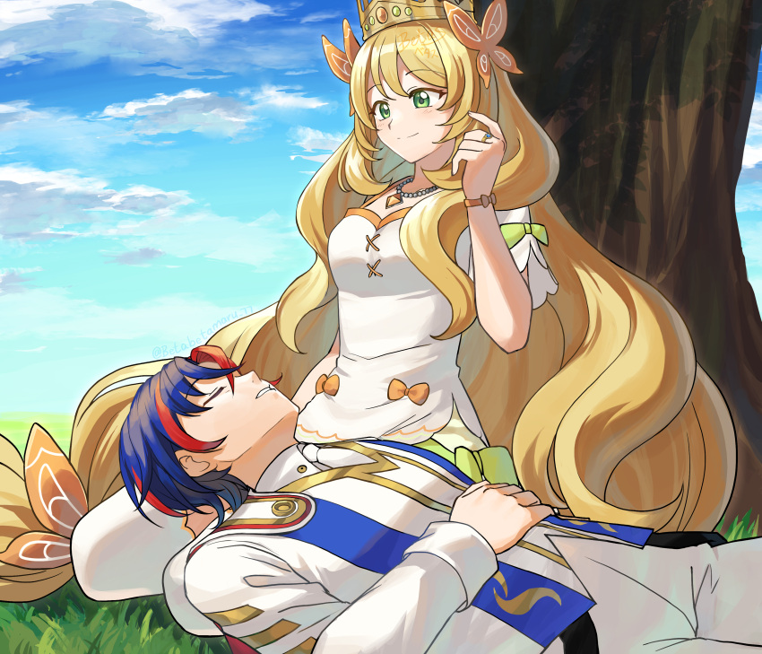 1boy 1girl absurdres against_tree alear_(fire_emblem) alear_(male)_(fire_emblem) betabetamaru blonde_hair blue_hair bow celine_(fire_emblem) crown fire_emblem fire_emblem_engage green_eyes hair_bow highres jewelry lap_pillow long_hair multicolored_hair necklace pearl_necklace redhead ring signature sleeping smile thigh-highs tree two-tone_hair very_long_hair