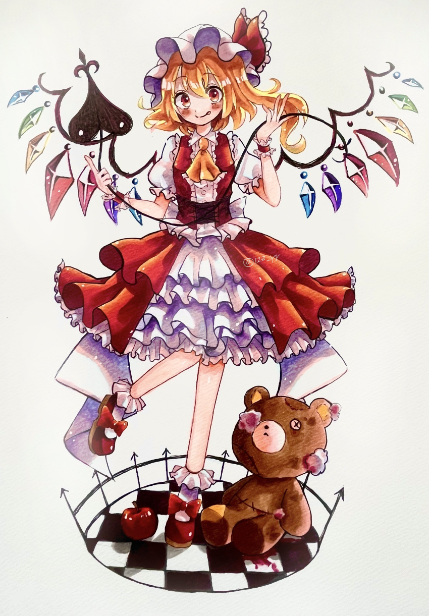 1girl absurdres adapted_costume aoyama_tenchou apple ascot blonde_hair blush bobby_socks bow center_frills checkered_floor corset crystal flandre_scarlet food frilled_skirt frills front_slit fruit hat hat_bow highres laevatein_(touhou) layered_skirt looking_at_viewer mary_janes medium_hair mob_cap one_side_up petticoat puffy_short_sleeves puffy_sleeves red_bow red_corset red_eyes red_skirt red_vest shoes short_sleeves skirt socks solo standing standing_on_one_leg stuffed_animal stuffed_toy teddy_bear touhou twitter_username vest waist_bow wavy_hair white_background white_bow wings wrist_cuffs yellow_ascot