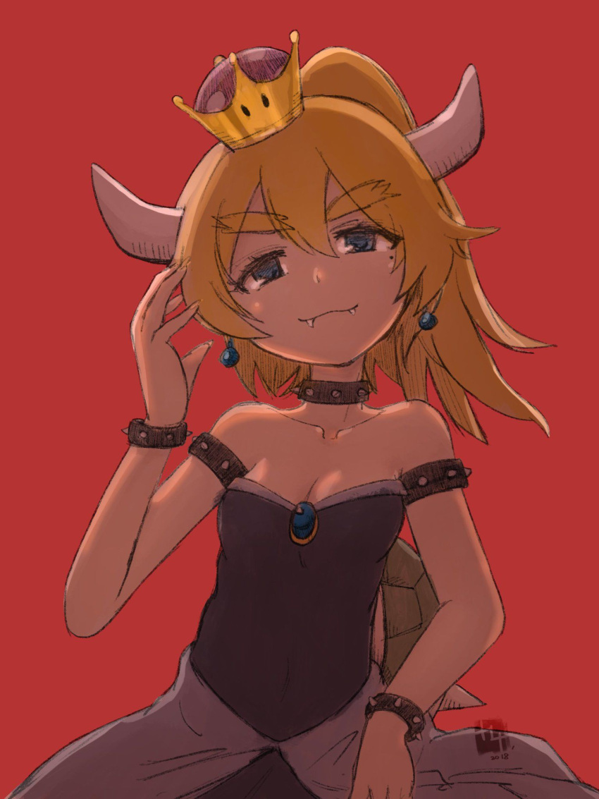 1girl artist_request bare_shoulders black_dress blonde_hair bowsette closed_mouth collar dress earrings fangs hair_between_eyes highres horns jewelry nintendo simple_background smile spikes upper_body