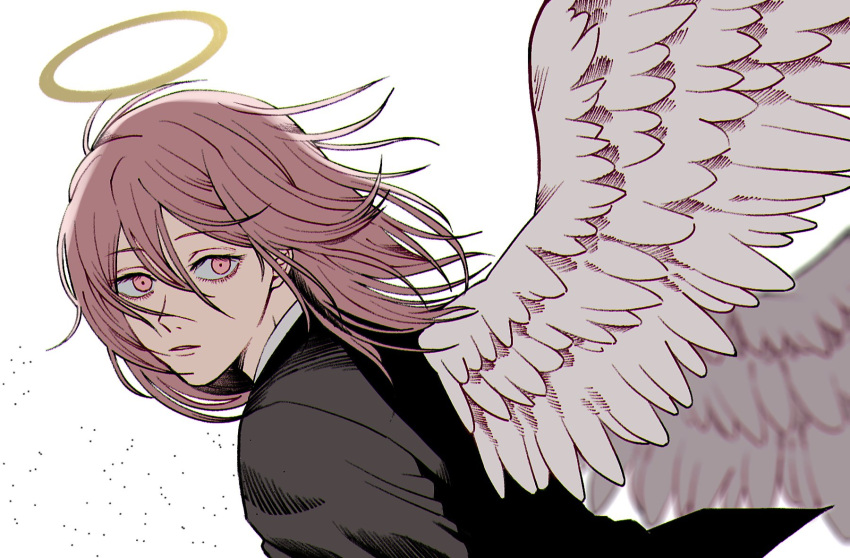 1boy androgynous angel_devil_(chainsaw_man) angel_wings black_jacket chainsaw_man commentary_request feathered_wings from_side halo highres jacket llq9ull male_focus red_eyes redhead solo upper_body wings