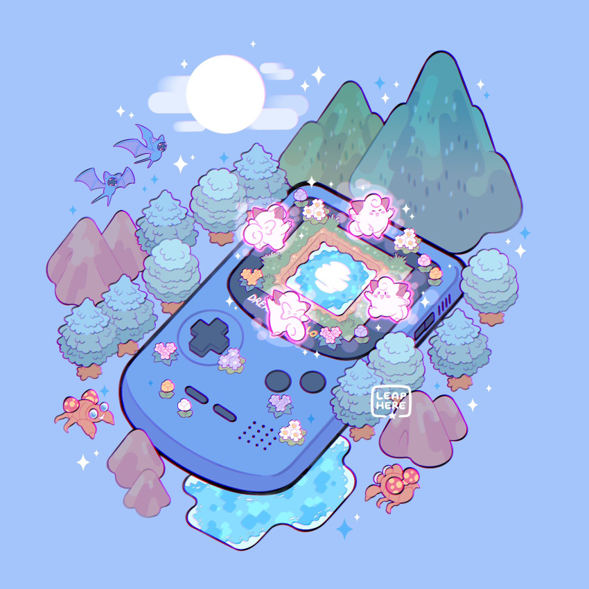 :d blush_stickers clefairy commentary dancing flower game_boy game_boy_color glowing handheld_game_console happy highres isometric leaphere mountain mt._moon open_mouth pokemon pokemon_(creature) rock smile tree