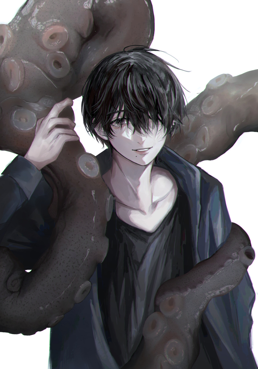 1boy absurdres black_hair black_shirt chainsaw_man collarbone grey_hoodie hair_over_one_eye highres hood hoodie looking_at_viewer mole mole_under_mouth multiple_piercings octopus_devil_(chainsaw_man) parted_lips qii_yu shirt short_hair simple_background smile solo tentacles white_background yoshida_hirofumi
