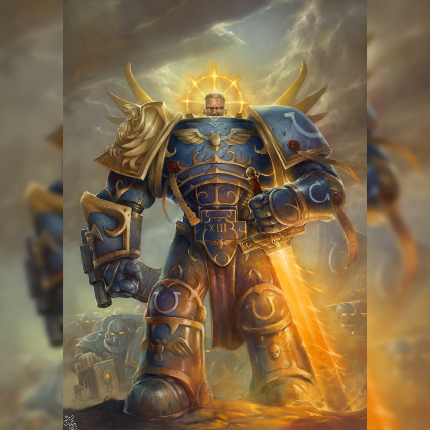 6+boys armor armored_boots blonde_hair blue_armor bolter boots border breastplate clouds cloudy_sky flaming_sword flaming_weapon full_armor gauntlets glowing glowing_eyes gold_trim greaves halo helmet highres holding holding_sword holding_weapon imperium_of_man looking_at_viewer metal_wings multiple_boys no_pupils ornate ornate_armor pauldrons power_armor primarch purity_seal ricardo1980 roboute_guilliman short_hair shoulder_armor sky solo_focus space_marine sword transparent_border vambraces warhammer_40k weapon white_eyes