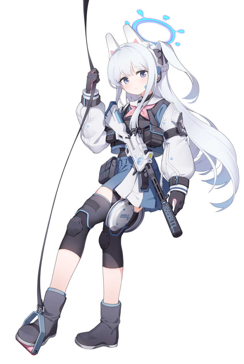 1girl absurdres animal_ear_headphones animal_ears assault_rifle blue_archive blue_eyes blush boots bulletproof_vest closed_mouth commentary dark_background fake_animal_ears full_body gloves grey_hair gun hachirodesu hair_ornament halo headphones highres knee_pads looking_at_viewer miyako_(blue_archive) rifle school_uniform solo submachine_gun suomi_kp/-31 tactical_clothes weapon