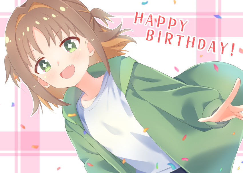 +_+ 1girl :d absurdres brown_hair colored_inner_hair commentary confetti english_text fang green_eyes green_jacket hair_intakes happy_birthday highres hood hooded_jacket jacket long_sleeves looking_at_viewer medium_hair multicolored_hair oka_asahi onii-chan_wa_oshimai! open_clothes open_jacket open_mouth orange_hair outline plaid plaid_background shirt shizukuma simple_background skin_fang smile solo two-tone_hair two_side_up upper_body white_outline white_shirt
