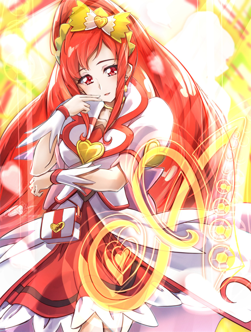 1girl bow breasts brooch choker clear_glass_(mildmild1311) cowboy_shot cure_ace dokidoki!_precure dress earrings fire hair_bow hair_ornament heart heart_brooch high_ponytail highres jewelry long_hair madoka_aguri magical_girl medium_breasts ponytail pouch precure puffy_sleeves red_background red_dress red_eyes redhead smile solo two-tone_dress vest waist_bow white_dress yellow_background