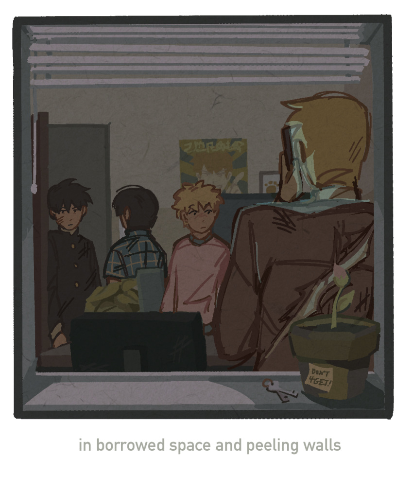 4boys black_hair blinds blonde_hair closed_mouth commentary doorway english_commentary english_text flower_pot from_outside gakuran hanazawa_teruki highres holding indoors kageyama_ritsu kageyama_shigeo key long_sleeves male_focus mob_psycho_100 mp100days multiple_boys office pink_shirt plant poster_(object) potted_plant reigen_arataka school_uniform shirt short_hair standing window