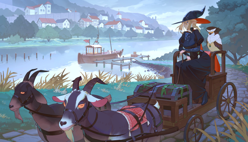 1girl 2others animal bird black_dress blonde_hair blue_eyes boat braid braided_ponytail building clouds cloudy_sky cobblestone commentary dress elf english_commentary expressionless goat grass hat highres jewelry multiple_others necklace original owl pier pointy_ears river scenery seaweed sitting sky timbougami treasure_chest tree watercraft witch_hat