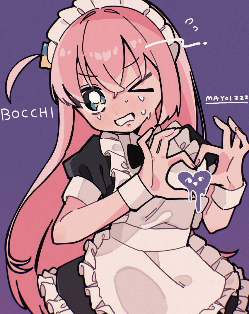 &gt;_o 1girl apron artist_name black_dress blue_eyes blush bocchi_the_rock! character_name commentary cowboy_shot cube_hair_ornament dress frilled_apron frilled_dress frills gotou_hitori hair_between_eyes hair_ornament heart heart_hands highres long_hair looking_at_viewer maid maid_apron maid_headdress mayoi_zzz one_eye_closed one_side_up open_mouth pink_hair puffy_short_sleeves puffy_sleeves purple_background short_sleeves sidelocks solo sweat very_long_hair white_apron white_wrist_cuffs