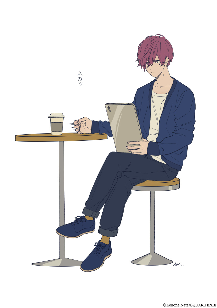 1boy absurdres blue_footwear chair closed_mouth coffee_cup collarbone commentary_request cool_doji_danshi cup disposable_cup ear_piercing earrings fingernails full_body hair_between_eyes highres holding holding_tablet_pc jacket jewelry long_sleeves male_focus nata_kokone official_art open_clothes open_jacket piercing redhead shiki_souma shirt short_hair simple_background sitting socks solo table tablet_pc white_background white_shirt