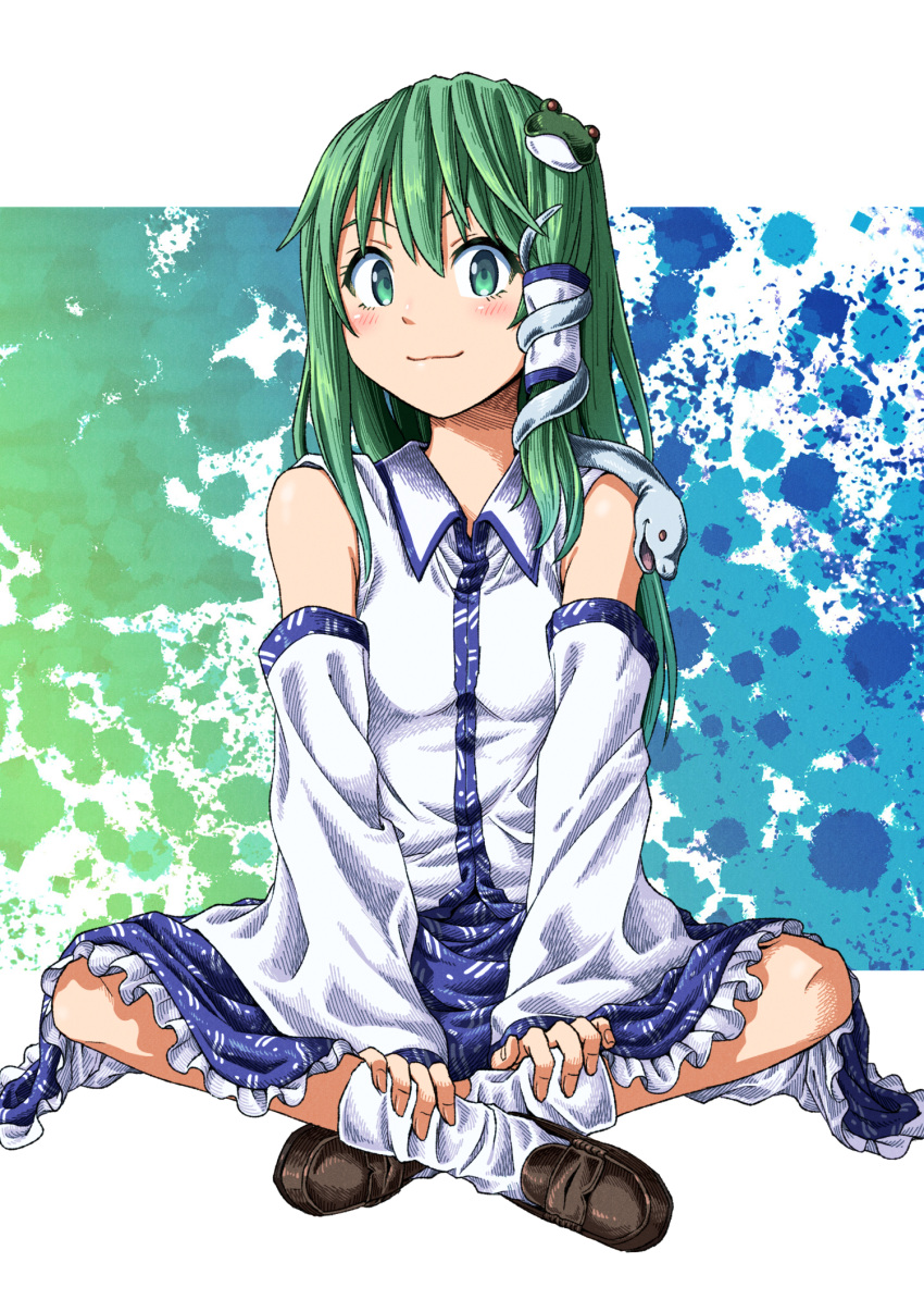 1girl bare_shoulders black_footwear blue_skirt blush closed_mouth detached_sleeves fingernails frilled_skirt frills frog_hair_ornament full_body green_eyes green_hair hair_between_eyes hair_ornament hair_tubes highres inuno_rakugaki japanese_clothes kochiya_sanae loafers long_hair looking_at_viewer nontraditional_miko shoes sitting skirt smile snake_hair_ornament socks solo touhou white_sleeves white_socks wide_sleeves