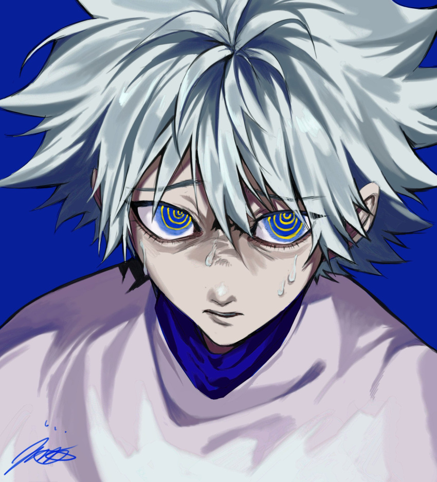 1boy blue_background blue_eyes from_above hair_between_eyes highres hunter_x_hunter killua_zoldyck looking_at_viewer male_focus money_health nervous shirt short_hair signature simple_background solo sweatdrop upper_body white_hair white_shirt