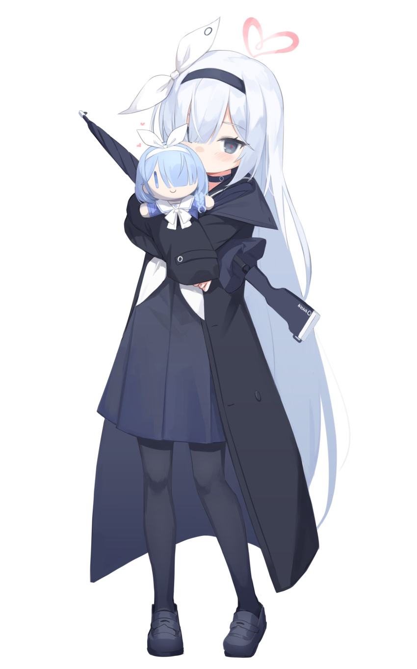 1girl absurdres arona_(blue_archive) black_pantyhose blue_archive choker coat dress grey_eyes gun hair_over_one_eye halo highres klaius light_blush long_hair object_hug pantyhose plana_(blue_archive) shoes simple_background solo standing stuffed_toy weapon white_background white_hair