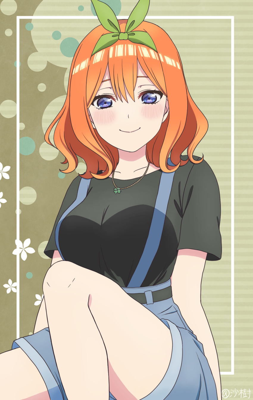 1girl artist_request black_shirt blue_eyes blush breasts clover four-leaf_clover go-toubun_no_hanayome green_hairband hairband highres jewelry knyn2748 large_breasts nakano_yotsuba necklace orange_hair overall_shorts overalls shirt user