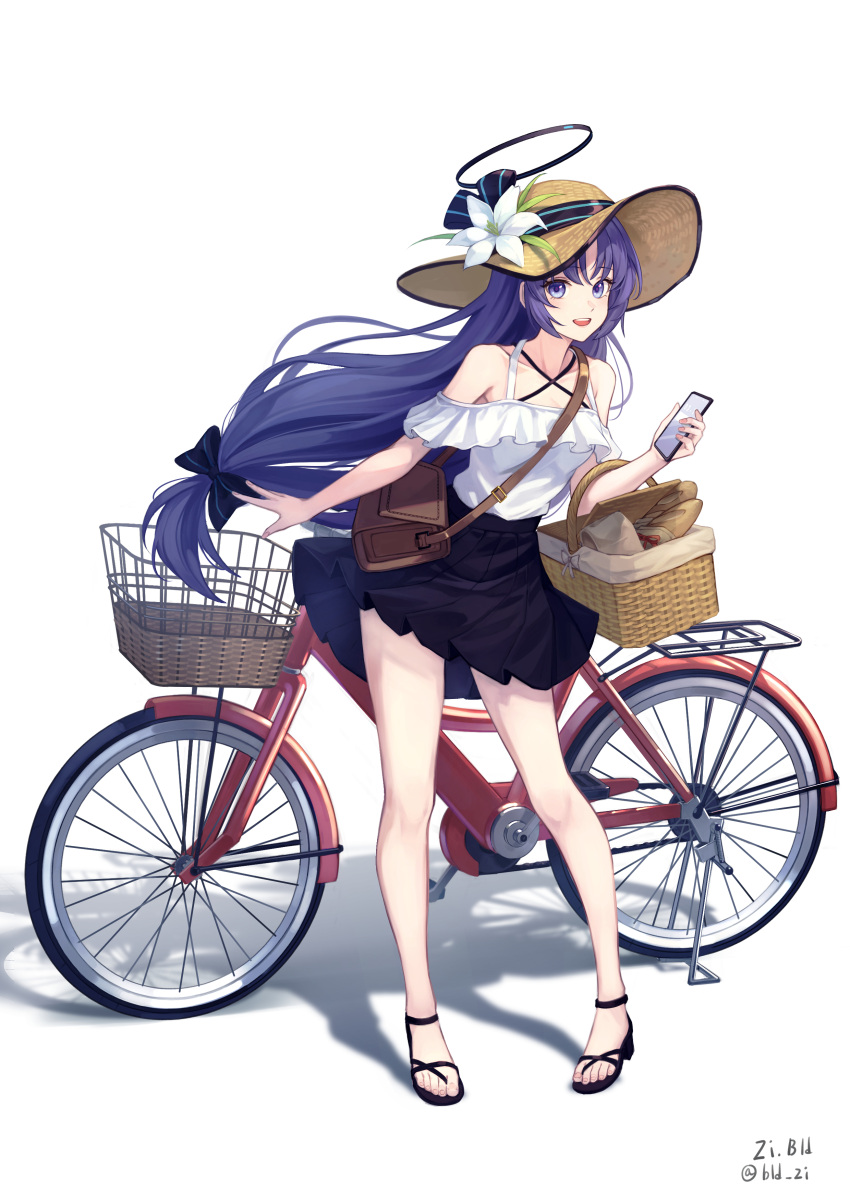 1girl absurdres artist_name bag baguette bare_legs basket bicycle bicycle_basket black_bow black_footwear black_halo black_skirt bld_zi blue_archive blue_eyes bow bread breasts brown_bag brown_headwear cellphone commentary_request flower food frilled_shirt frills full_body hair_bow halo hat highres holding holding_phone korean_commentary long_hair looking_at_viewer open_mouth parted_bangs phone pleated_skirt purple_hair sandals shirt shoulder_bag simple_background skirt small_breasts smartphone solo standing straw_hat teeth twitter_username upper_teeth_only very_long_hair white_background white_flower white_shirt yuuka_(blue_archive)