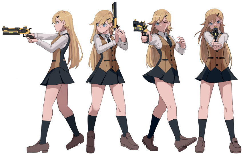 1girl aiming aiming_at_viewer black_skirt blonde_hair blue_eyes buttons clip_studio_paint_(medium) closed_mouth collared_shirt from_side full_body gun hair_ornament hairclip hakami_(jourd4n) highres holding holding_weapon jourd4n loafers long_hair long_sleeves miniskirt multiple_views necktie one_eye_closed original pleated_skirt revolver shirt shoes simple_background skirt socks standing straight-on vest walking weapon white_background white_shirt yellow_vest