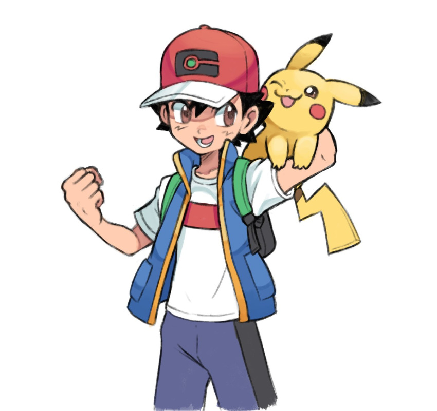 1boy :d ash_ketchum backpack bag black_hair blue_vest brown_eyes clenched_hand commentary hat highres hyo_oppa lower_teeth_only male_focus open_clothes open_mouth open_vest pikachu pokemon pokemon_(anime) pokemon_(creature) pokemon_journeys red_headwear shirt short_hair short_sleeves shorts smile t-shirt teeth vest white_shirt