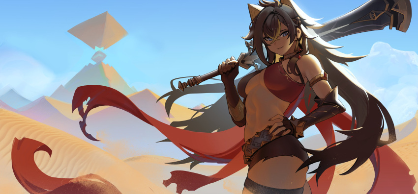 1girl abs absurdres black_nails blue_eyes blue_sky breasts brown_hair clouds dark_skin dehya_(genshin_impact) desert distr genshin_impact hair_intakes hand_on_own_hip highres holding holding_weapon long_hair looking_at_viewer medium_breasts midriff pyramid_(structure) red_scarf sand scarf short_shorts shorts skindentation sky smile solo sword thigh-highs weapon