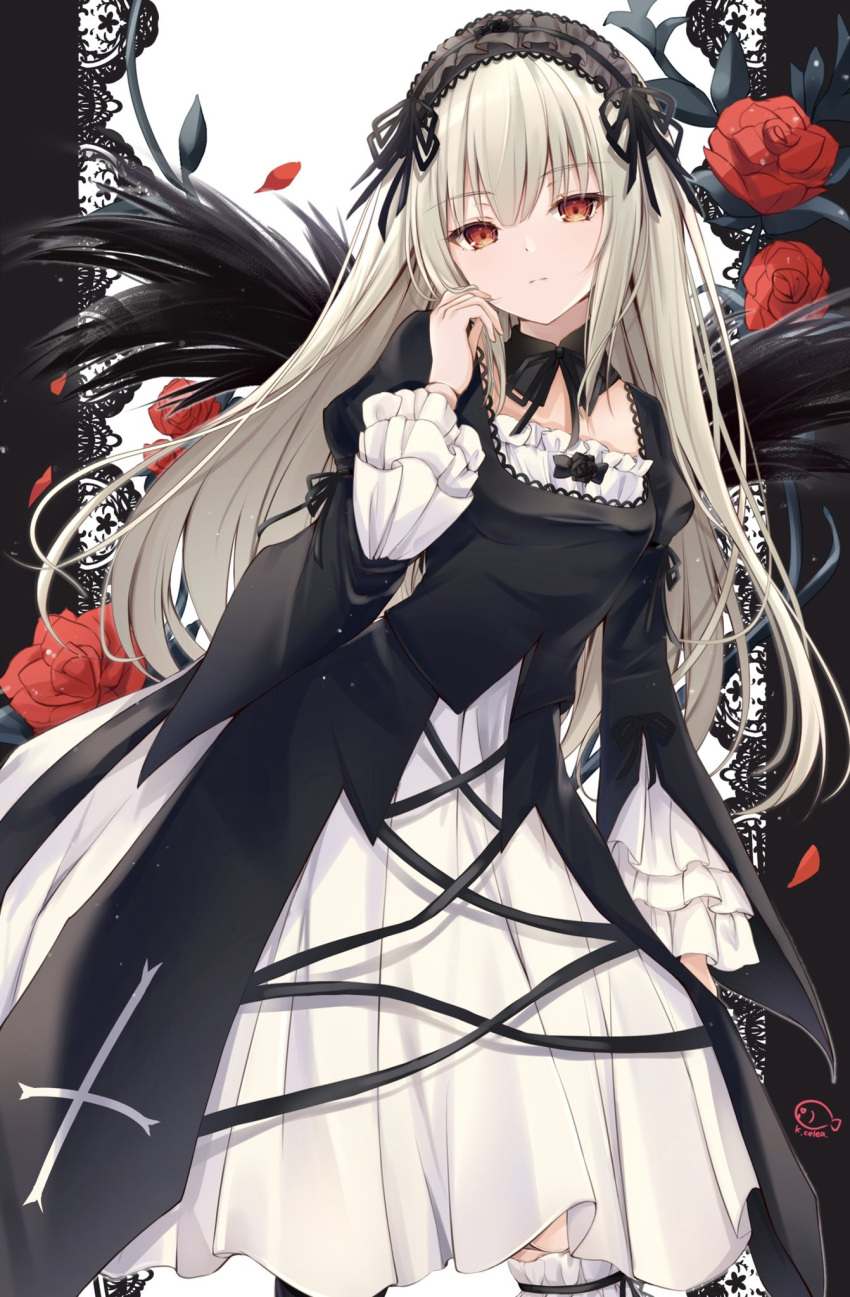 1girl black_dress black_hairband black_wings closed_mouth commentary_request cross-laced_clothes detached_collar dress feet_out_of_frame flower grey_hair hairband highres kiri_celea lolita_hairband long_hair long_sleeves looking_at_viewer red_eyes red_flower rozen_maiden solo suigintou white_dress wings