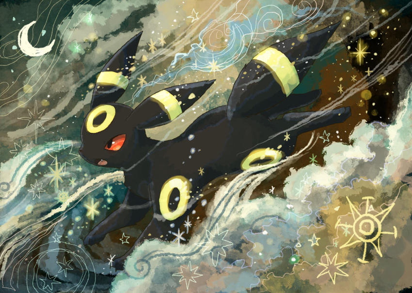 animal_nose black_fur clouds commentary creature crescent_moon fang highres moon no_humans open_mouth pokemon pokemon_(creature) red_eyes running star_(sky) symbol-only_commentary umbreon volpecorvo