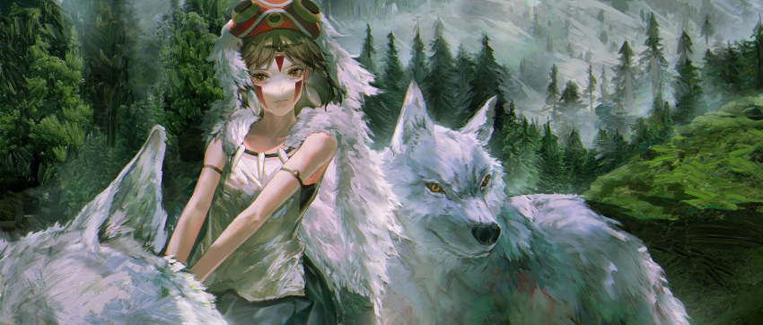 1girl absurdres bare_arms brown_eyes brown_hair cape earrings facepaint facial_mark fur_cape highres jewelry mask mask_on_head mononoke_hime necklace san_(mononoke_hime) scenery tooth_necklace white_wolf yusuli-