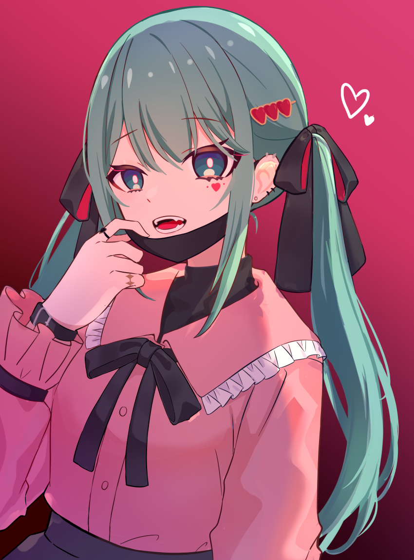 1girl absurdres aqua_eyes aqua_hair bandaid bandaid_on_neck black_mask black_ribbon blush commentary czy1314 detached_wings double-parted_bangs ear_piercing earrings facial_mark fangs hair_ornament hair_ribbon hatsune_miku heart heart_facial_mark heart_hair_ornament highres industrial_piercing jewelry jirai_kei long_hair long_sleeves looking_at_viewer mask mask_pull mouth_mask open_mouth piercing pink_shirt red_background ribbon ring shirt sidelocks simple_background solo twintails vampire vampire_(vocaloid) vocaloid wings