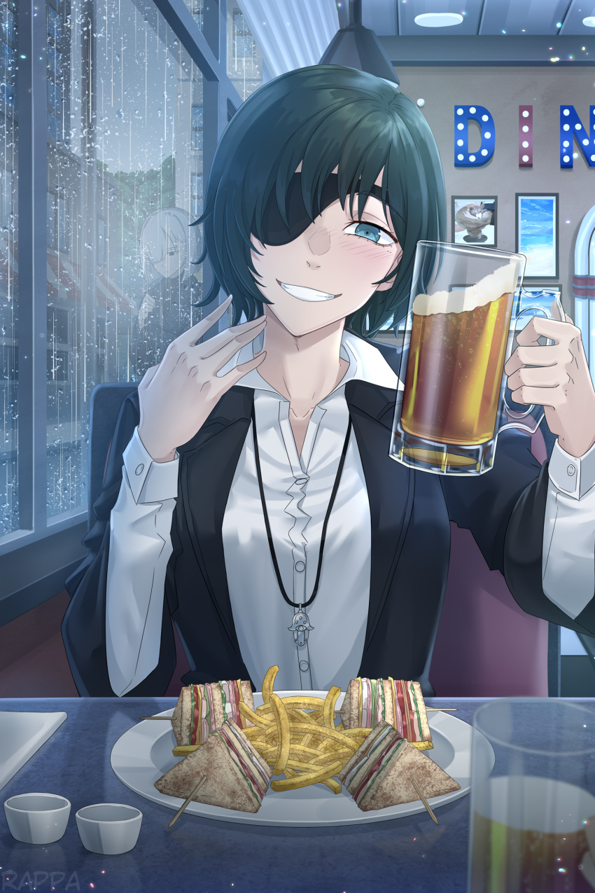 2girls beer_mug black_hair black_jacket blue_eyes blush burger chainsaw_man collared_shirt commentary cup diner english_commentary eyepatch fiona_frost food french_fries hair_over_one_eye highres himeno_(chainsaw_man) holding holding_cup jacket jewelry looking_at_viewer mug multiple_girls necklace parted_lips plate popped_collar rain rappa right-hook_dog sandwich shirt short_hair smile spy_x_family white_hair white_shirt