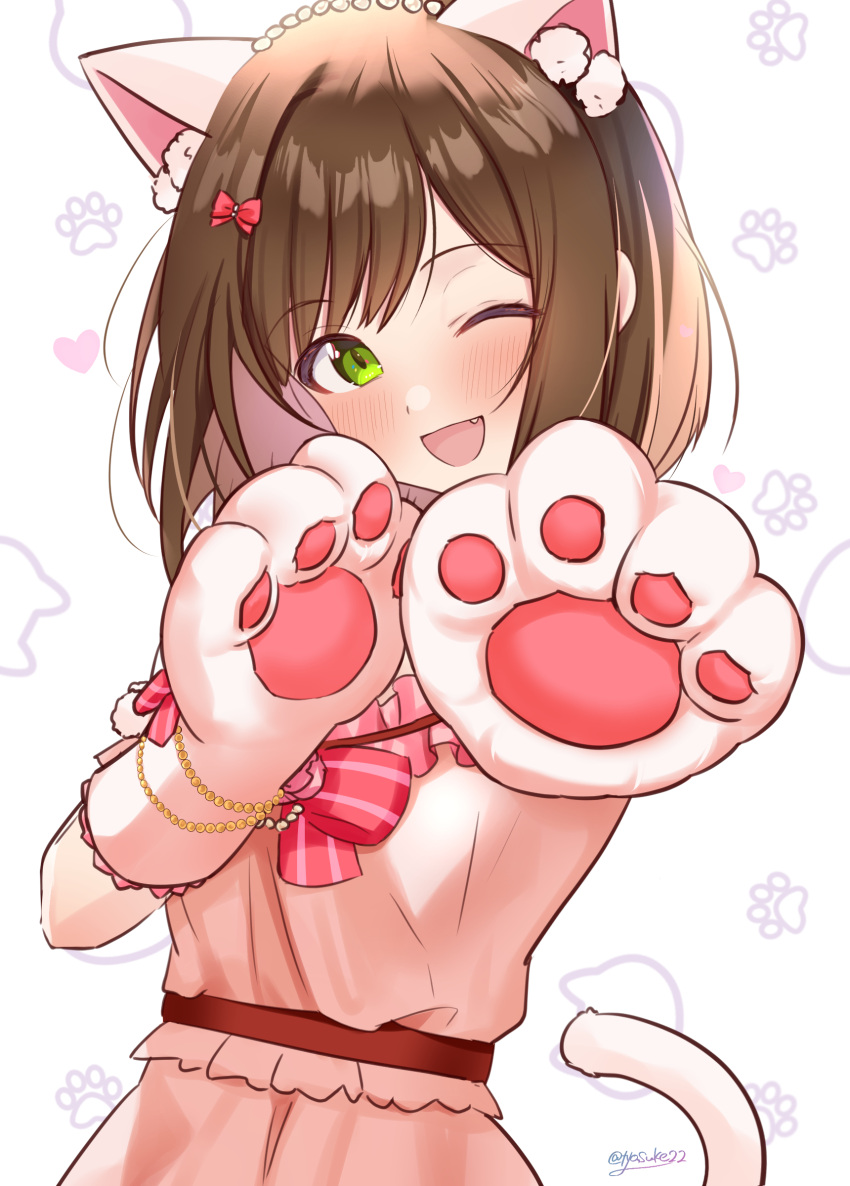 1girl absurdres animal_ears animal_hands blush bow bracelet breasts brown_hair cat_ears cat_tail chiyosuke_(nosuke21) clothing_cutout commentary_request dress fake_animal_ears fang frilled_dress frills gloves green_eyes hair_bow hands_up heart highres idolmaster idolmaster_cinderella_girls jewelry koi_dance looking_at_viewer maekawa_miku medium_breasts one_eye_closed open_mouth paw_gloves pink_bow pink_dress short_hair short_sleeves shoulder_cutout signature smile solo tail upper_body white_background
