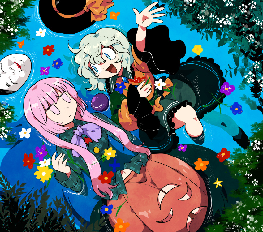 afloat arm_up black_headwear black_socks blue_eyes buttons circle diamond_(shape) diamond_button expressionless flower frilled_shirt frilled_shirt_collar frilled_skirt frilled_sleeves frills furukawa_(yomawari) grass green_hair green_shirt green_skirt hair_between_eyes hand_on_own_stomach hat hat_ribbon hata_no_kokoro highres holding holding_flower komeiji_koishi leaf long_hair long_sleeves lying mask medium_hair navel neck_ribbon on_back open_mouth orange_skirt pink_eyes pink_hair purple_ribbon ribbon shirt skirt sleeves_past_elbows sleeves_past_wrists smile socks star_(symbol) star_button third_eye touhou water x yellow_ribbon yellow_shirt