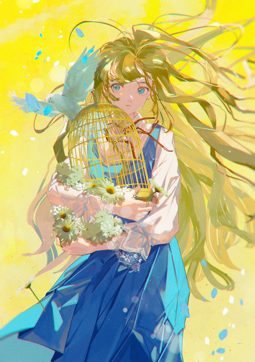 1girl bird birdcage blonde_hair blue_dress blue_eyes cage closed_mouth collared_shirt cowboy_shot dove dress expressionless falling_petals floating_hair flower highres holding holding_cage long_bangs long_hair long_sleeves looking_at_viewer neck_ribbon original petals pinafore_dress pleated_dress red_ribbon ribbon shiomi_(lowrise) shirt sidelocks sleeveless sleeveless_dress solo sunflower white_flower white_shirt wind yellow_background
