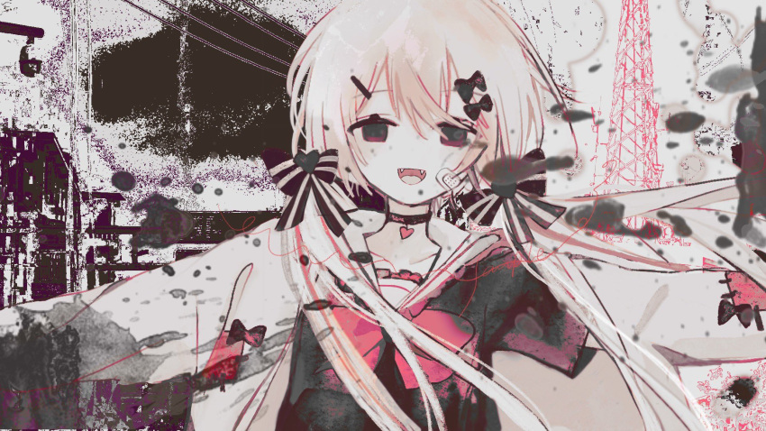 1girl abstract_background black_bow black_eyes black_shirt blonde_hair bow bowtie choker chooine collarbone commentary commission empty_eyes english_commentary fangs floating_hair frilled_sailor_collar frills hair_bow hair_ornament hairclip half-closed_eyes heart heart_choker highres jacket limited_palette long_hair long_sleeves looking_at_viewer low_twintails multicolored_eyes multiple_hair_bows open_clothes open_jacket open_mouth original outdoors patchwork_clothes pink_bow pink_bowtie pink_eyes power_lines sailor_collar sample_watermark school_uniform security_camera serafuku shirt smile solo stain transmission_tower twintails upper_body white_jacket white_sailor_collar