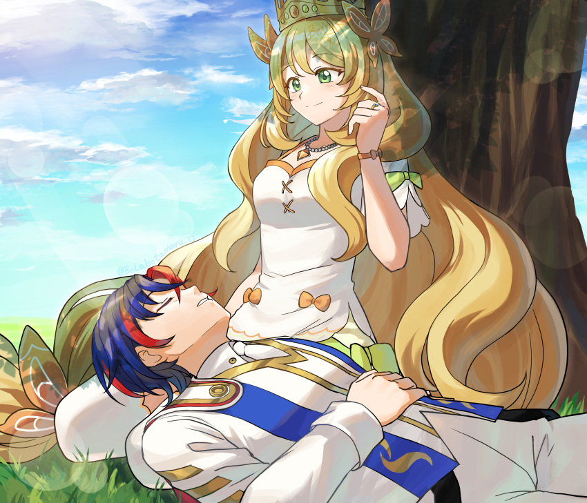 1boy 1girl absurdres against_tree alear_(fire_emblem) alear_(male)_(fire_emblem) betabetamaru blonde_hair blue_hair bow celine_(fire_emblem) crown fire_emblem fire_emblem_engage green_eyes hair_bow highres jewelry lap_pillow long_hair multicolored_hair necklace pearl_necklace redhead ring signature sleeping smile thigh-highs tree two-tone_hair very_long_hair