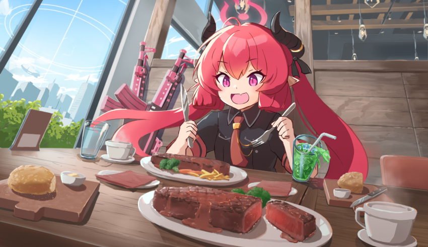 1girl ahoge assault_rifle black_horns black_shirt blue_archive bread broccoli ceiling_light collared_shirt commentary cup day demon_girl demon_horns drink drinking_straw fang food fork french_fries gun hair_between_eyes halo highres holding holding_fork holding_knife horns indoors junko_(blue_archive) knife koutsuu_(koutuukanseikan) long_hair melon_soda necktie open_mouth pink_eyes pointy_ears red_halo red_necktie redhead rifle saucer shirt short_sleeves skin_fang slit_pupils solo steak stg44 teacup twintails weapon window