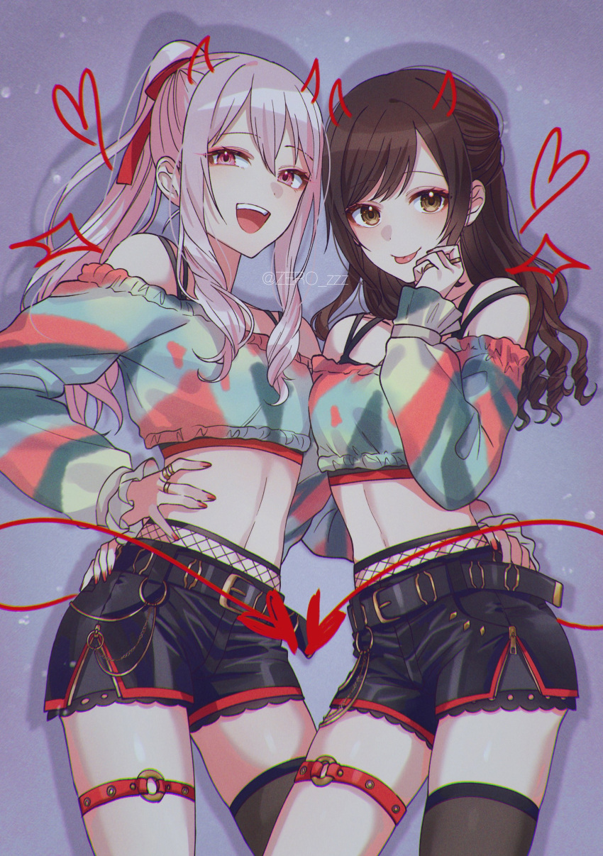 1girl 1other absurdres akiyama_mizuki belt black_thighhighs brown_eyes brown_hair commentary_request cowboy_shot hand_on_another's_hip hand_on_own_hip heart highres jewelry long_hair long_sleeves midriff open_mouth pink_eyes pink_hair ponytail project_sekai red_nails ring shinonome_ena shorts sidelocks single_thighhigh teeth thigh-highs thigh_strap tongue tongue_out twitter_username upper_teeth_only zero_zzz
