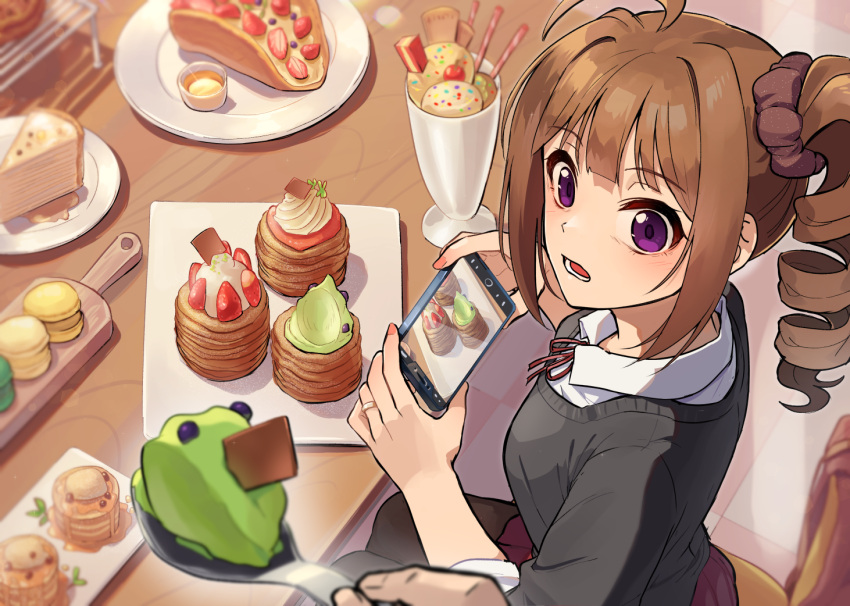 1boy 1girl black_pantyhose black_sweater blunt_bangs blush breasts brown_hair cake cellphone checkered_floor chocolate commentary cookie crepe dessert dress_shirt drill_hair food from_above from_side fruit holding holding_food holding_phone holding_spoon ice_cream idolmaster idolmaster_million_live! idolmaster_million_live!_theater_days jewelry kamille_(vcx68) light_blush long_hair looking_at_viewer looking_to_the_side looking_up lower_teeth_only macaron medium_breasts nail_polish neck_ribbon open_mouth pantyhose pastry phone pink_nails plate pleated_skirt pov pov_hands purple_skirt red_ribbon revision ribbon ring school_uniform shirt sidelocks sitting skirt smartphone solo_focus spoon strawberry surprised sweater taking_picture teeth thief tile_floor tiles twin_drills violet_eyes whipped_cream white_shirt yokoyama_nao