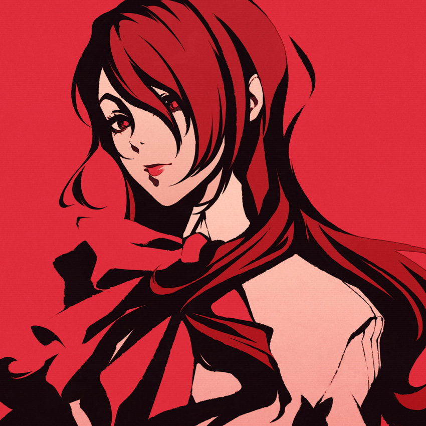 1girl bow bowtie closed_mouth hair_between_eyes hair_over_one_eye kirijou_mitsuru lips long_hair looking_at_viewer moshimoshibe persona persona_3 red_background red_bow red_bowtie red_eyes red_lips red_theme redhead shirt simple_background solo upper_body