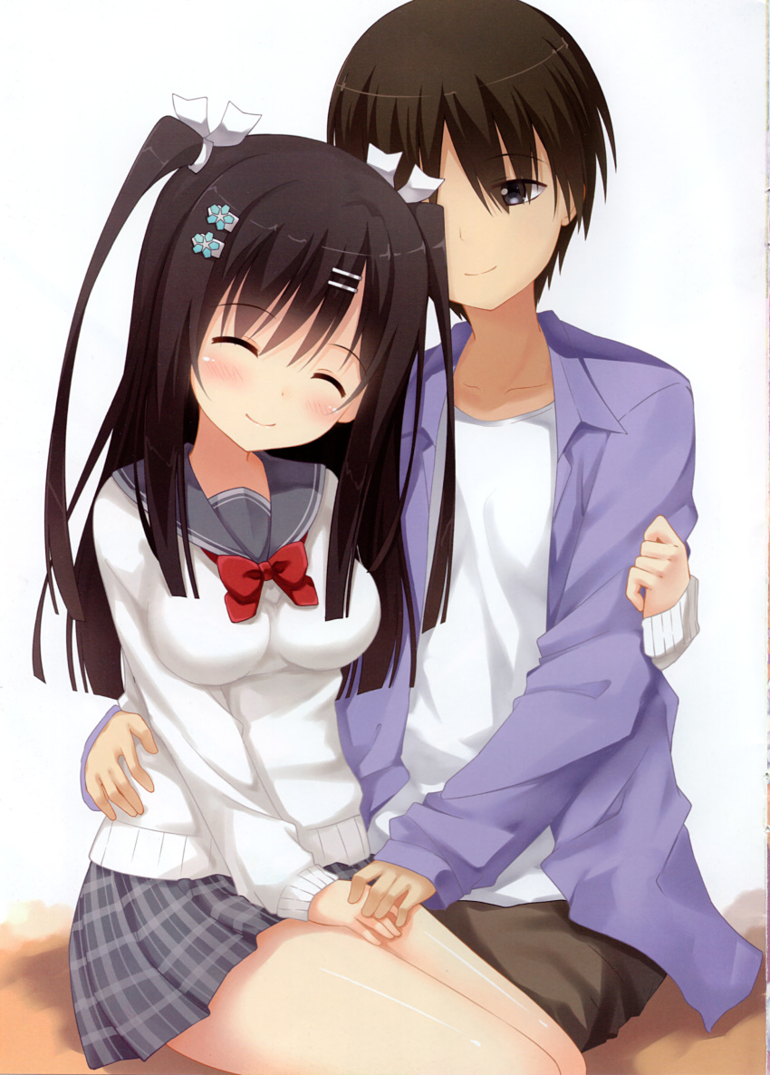1boy 1girl ^_^ absurdres aqua_flower arm_around_waist black_hair blush bow bowtie breasts brown_hair closed_eyes closed_mouth couple cowboy_shot eyes_visible_through_hair flower grey_sailor_collar grey_skirt hair_between_eyes hair_flower hair_ornament hair_ribbon hairclip happy head_tilt heads_together hetero highres holding_hands hoshina_shuuji hug impossible_clothes jacket large_breasts long_hair looking_at_another miniskirt open_clothes open_jacket plaid plaid_skirt pleated_skirt purple_jacket red_bow red_bowtie ribbon sailor_collar sanoba_witch school_uniform shiny_skin short_hair simple_background sitting skirt sleeves_past_wrists smile suzuame_yatsumi sweater thighs togakushi_touko two_side_up white_background white_ribbon white_sweater