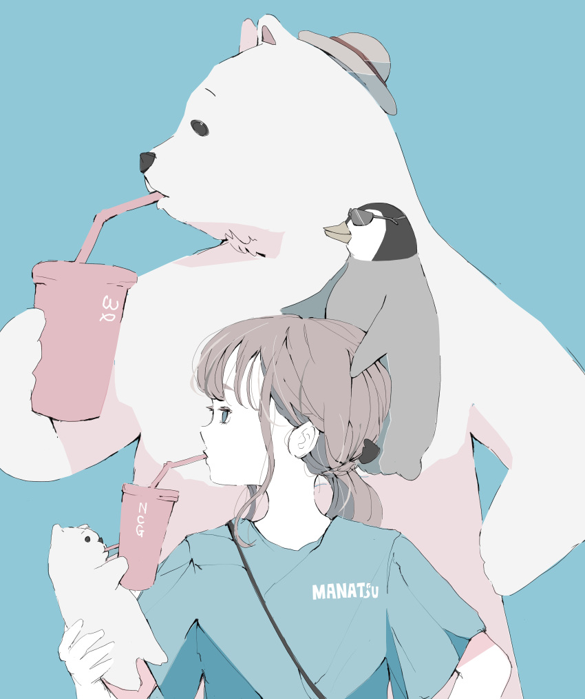 1girl absurdres bag bear bird blue_background blue_eyes blue_shirt choppy_bangs cup drinking drinking_straw hair_tie hand_on_own_hip highres light_brown_hair long_bangs looking_to_the_side no_pupils nocopyrightgirl original pale_skin penguin polar_bear ponytail pose_imitation print_shirt shirt short_sleeves shoulder_bag sidelocks simple_background solo sunglasses t-shirt upper_body