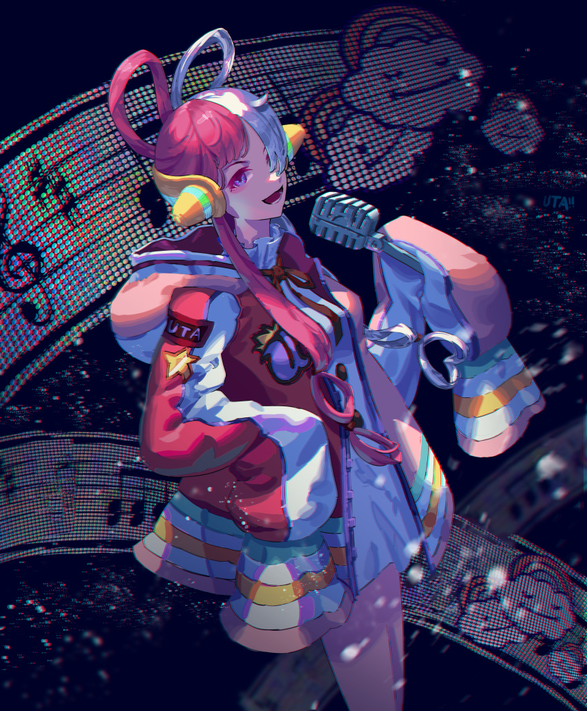 1girl absurdres bare_legs character_name clothes_writing clouds collar dark_background dress feet_out_of_frame frilled_collar frills hair_over_one_eye headgear highres holding holding_microphone hood hooded_jacket jacket looking_at_viewer low_twintails microphone multicolored_clothes multicolored_hair music musical_note one_piece one_piece_film:_red open_mouth redhead singing sparkling_eyes star_(symbol) twintails two-tone_hair uta_(one_piece) very_long_sleeves violet_eyes white_dress white_hair yuzhen