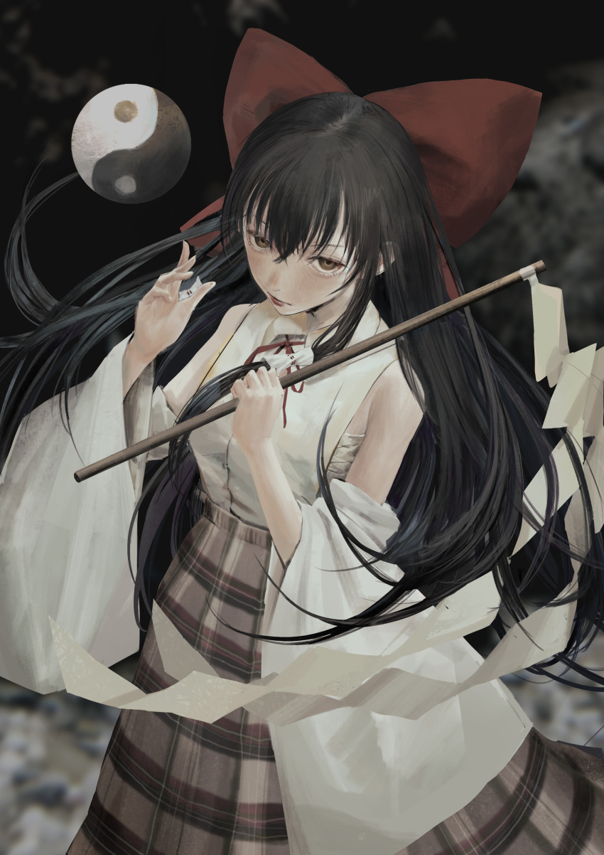 1girl absurdres alternate_costume bare_shoulders black_hair bow dark_background detached_sleeves gohei googerm hair_between_eyes hair_bow hakurei_reimu highres holding holding_stick long_hair long_sleeves looking_at_viewer orb red_bow solo stick touhou very_long_hair yin_yang yin_yang_orb