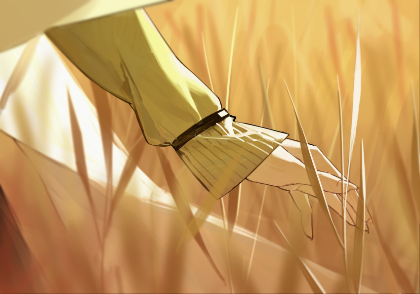 1girl black_wristband blurry blurry_background close-up fingernails fingers green_sweater hand_focus highres idolmaster idolmaster_shiny_colors out_of_frame shawl sleeves_past_wrists solo sweater tanaka_mamimi wheat wheat_field white_shawl zhili_xingzou