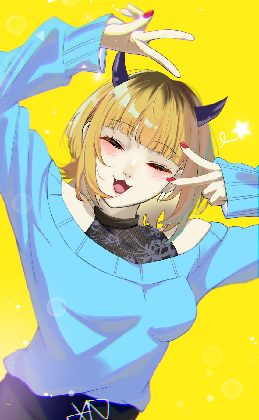 1girl :3 absurdres blonde_hair blunt_bangs blush chromatic_aberration closed_mouth commentary demon_horns double_v fake_horns fang green_sweater higeji_(higeji404) highres horns long_sleeves medium_hair memcho nail_polish off-shoulder_sweater off_shoulder open_mouth oshi_no_ko red_nails sidelocks smile solo star_(symbol) sweater v yellow_background