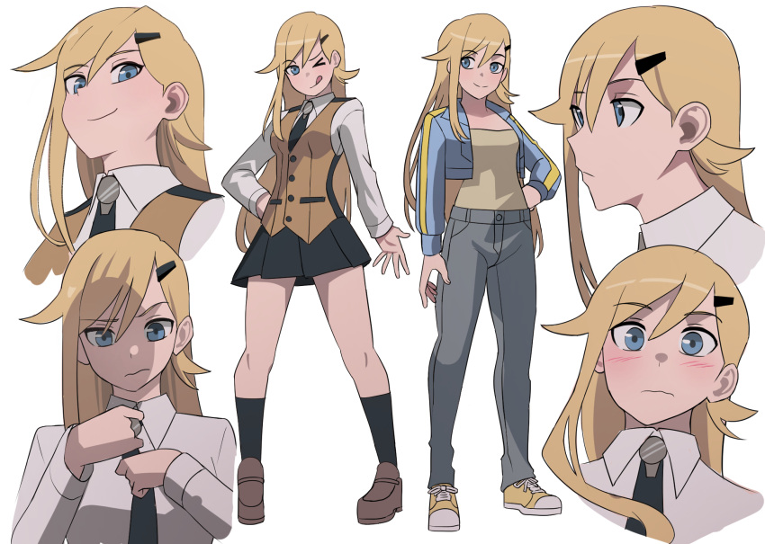 1girl :p black_necktie black_skirt blonde_hair blue_eyes blue_jacket blush brown_footwear clip_studio_paint_(medium) closed_mouth collared_shirt cropped_jacket grey_pants hair_ornament hairclip hakami_(jourd4n) hand_on_own_hip highres jacket jourd4n loafers long_hair long_sleeves miniskirt multiple_views necktie one_eye_closed original pants shirt shoes simple_background single_sidelock skirt smile sneakers socks tongue tongue_out vest white_background white_shirt yellow_vest