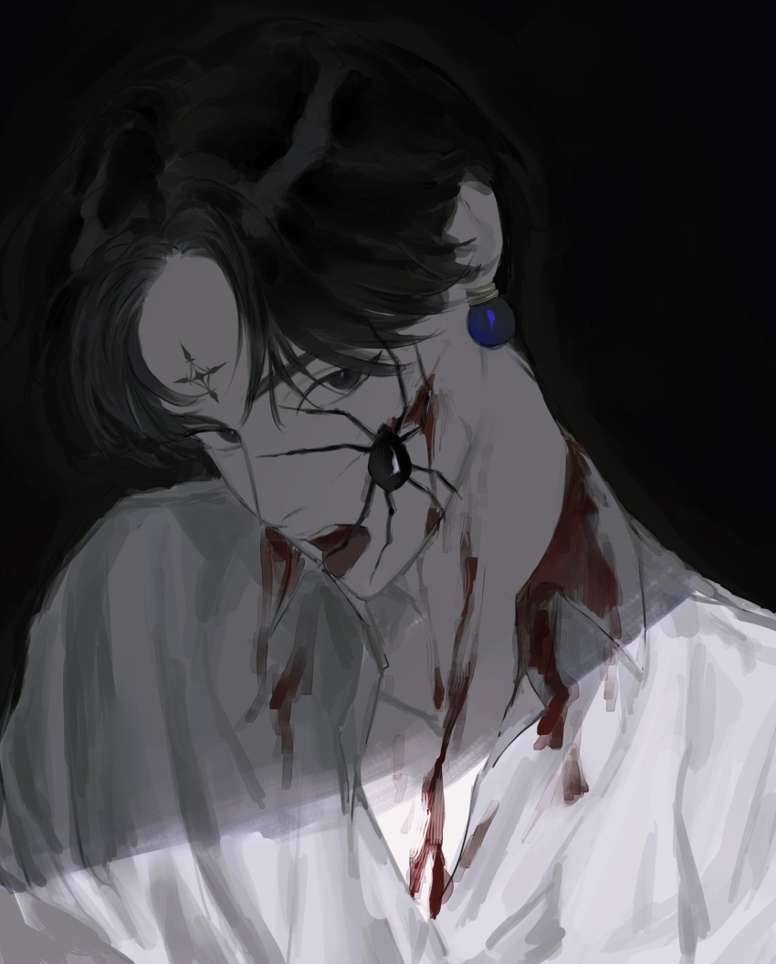 1boy black_background black_eyes black_hair black_widow_(spider) blood blood_on_clothes blood_on_face bug chokeke_005 chrollo_lucilfer collarbone cross_tattoo earrings facial_mark facial_tattoo forehead_mark forehead_tattoo highres hunter_x_hunter jewelry looking_at_viewer male_focus shirt short_hair simple_background solo spider tattoo upper_body white_shirt